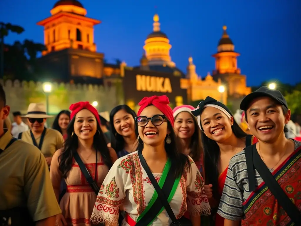 A vibrant image of tourists enjoying a cultural tour in Yogyakarta, highlighting MAI W's travel services, with traditional dancers and historical landmarks in the background.