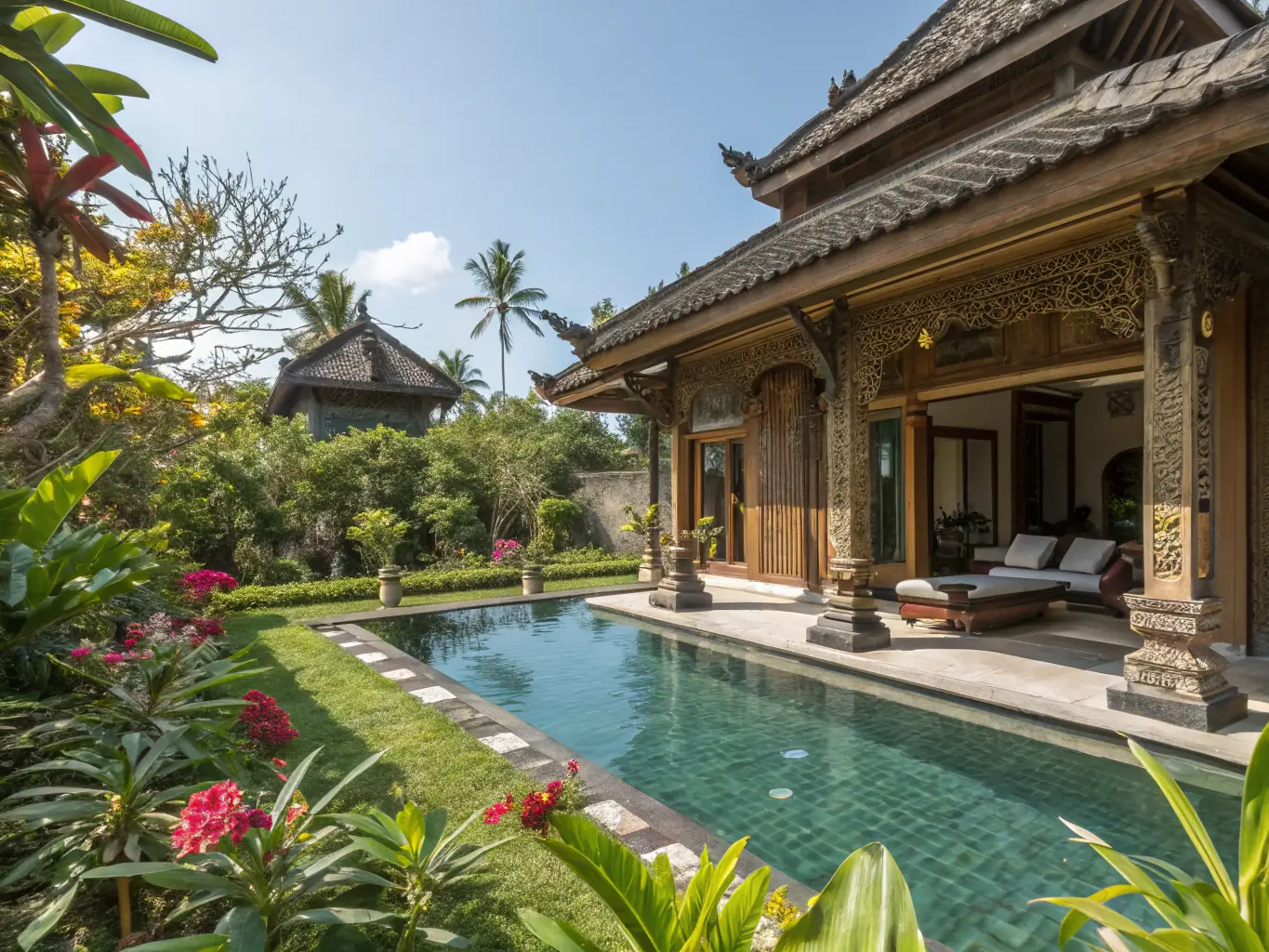 A modern, luxurious villa in Yogyakarta, showcasing MAI W's property offerings, with lush greenery and traditional Indonesian architecture blending seamlessly.