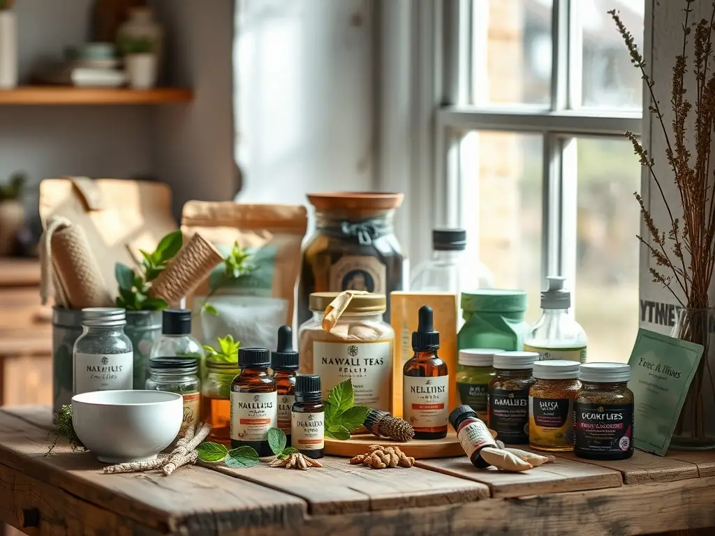 A close-up shot of MAI Water, Honey, and Tea products, beautifully arranged to showcase their natural ingredients and premium quality, with a focus on health and wellness.