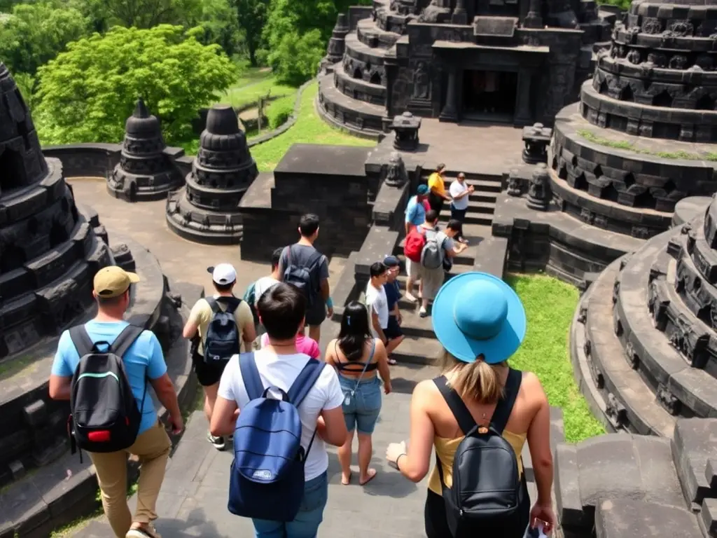 A vibrant image of tourists enjoying a guided cultural tour in Yogyakarta, visiting ancient temples and local markets. This tour is part of MAI W's premium travel experiences, offering insights into Javanese culture.